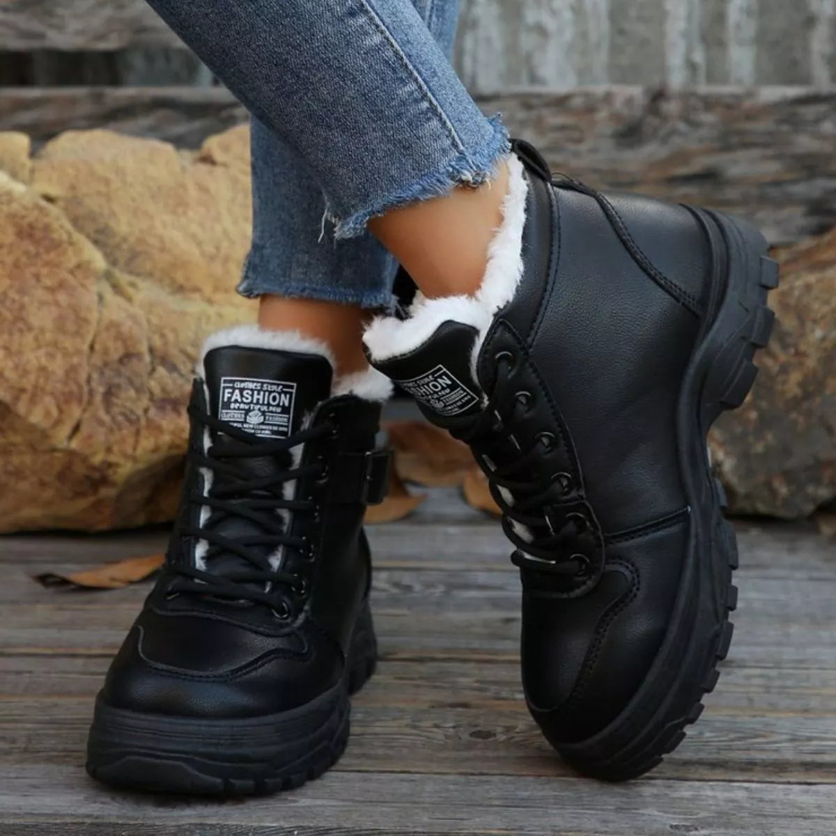 Warm Lined Ankle Boots with Buckle Detail Black Trendsi