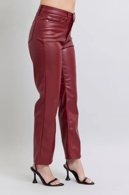 Judy Blue Full Size High Waist Tummy Control Faux Leather Straight Pants Plus Size OutfitFlow