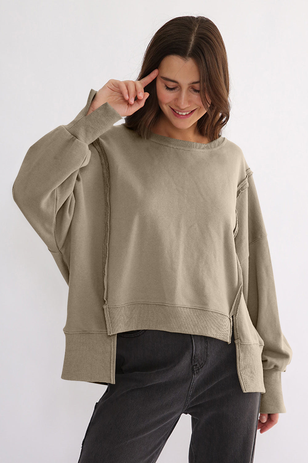 Outfit Flow - Exposed Seam High-Low Long Sleeve Sweatshirt