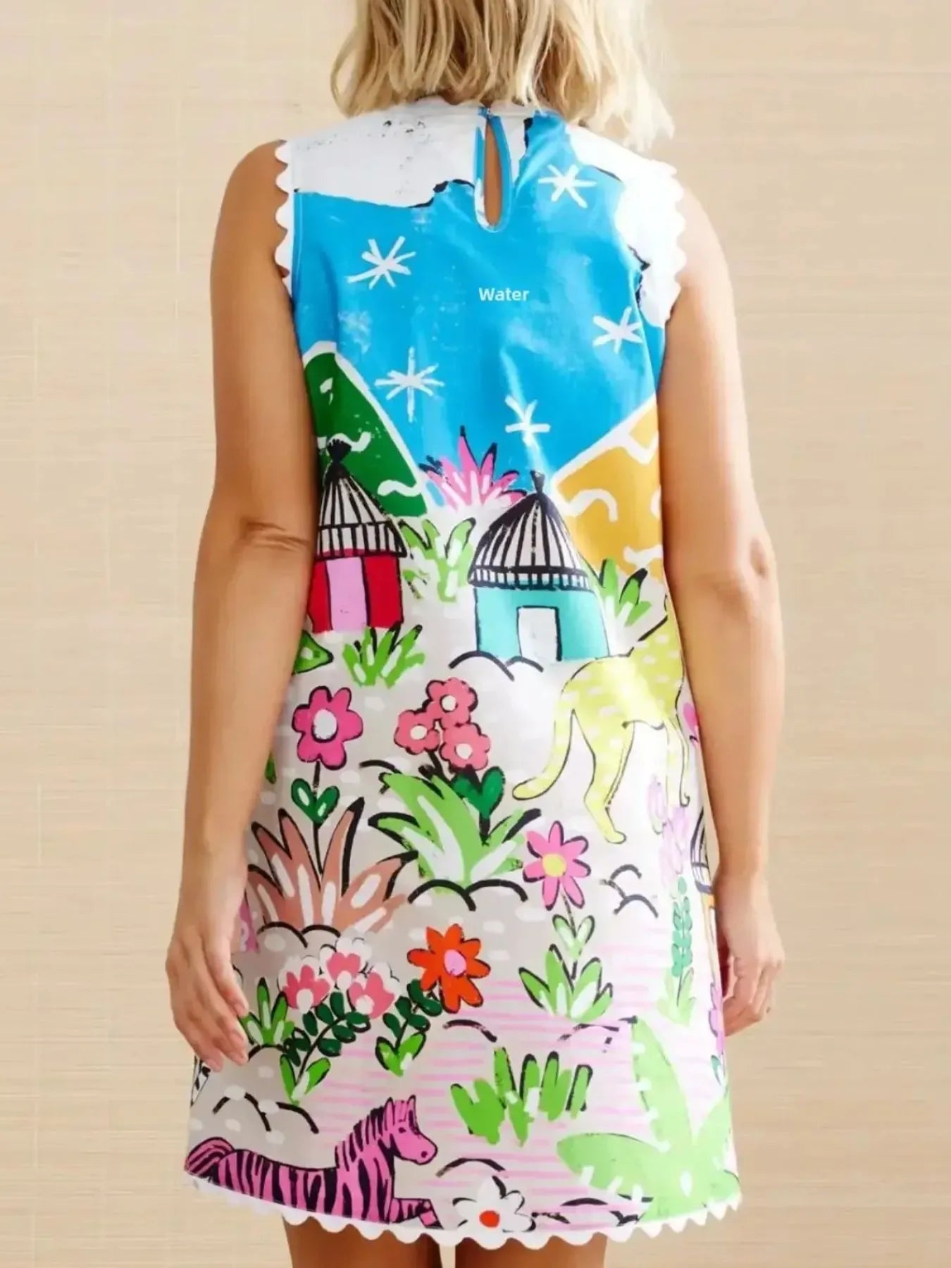 Printed Round Neck Sleeveless Mini Dress OutfitFlow