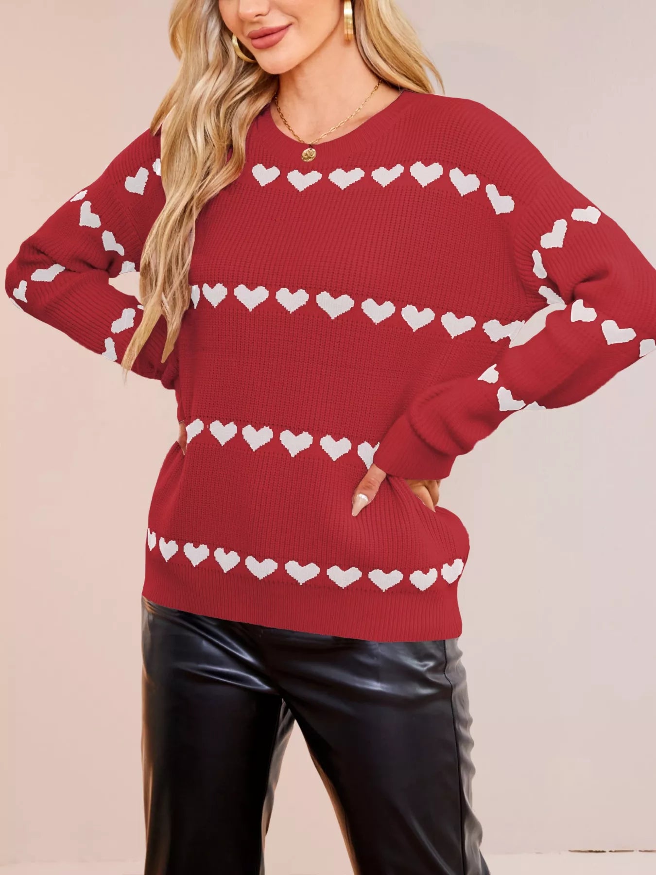 Heart Pattern Dropped Shoulder Sweater OutfitFlow