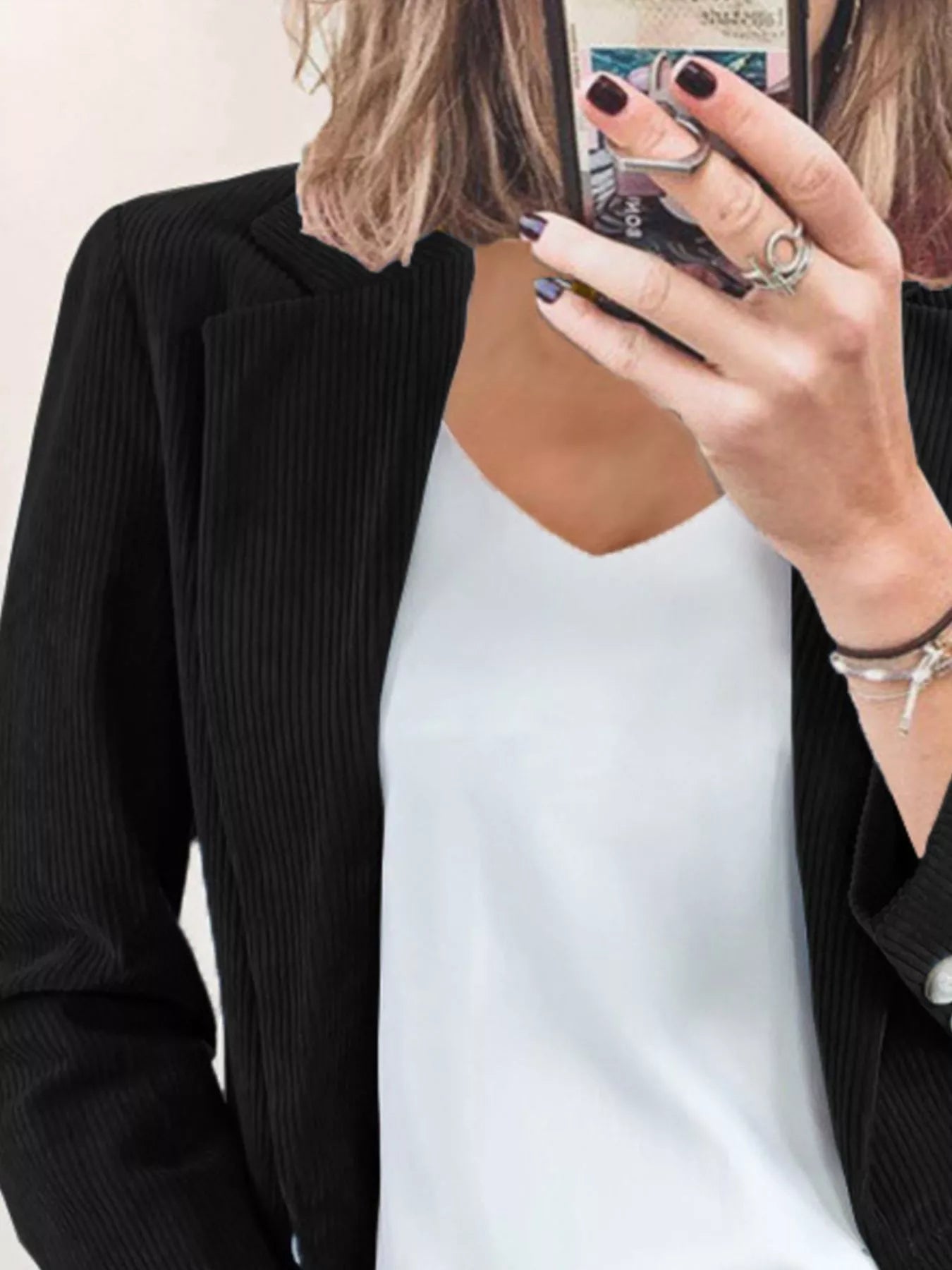 Full Size Corduroy Lapel Collar Casual Blazer Plus Size Trendsi