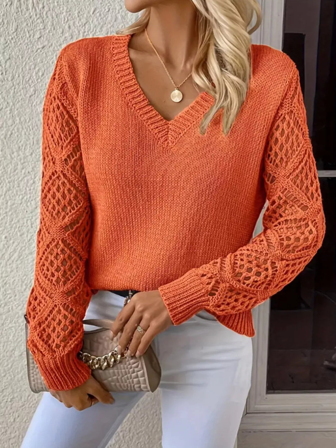 Openwork V-Neck Long Sleeve Sweater OutfitFlow
