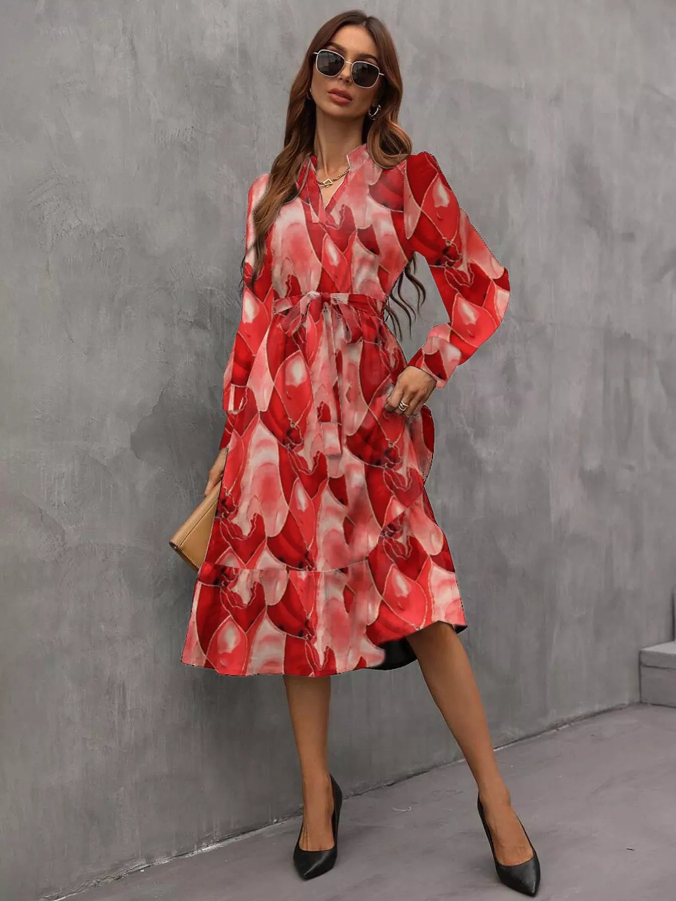 Notched Tie Waist Long Sleeve Dress OutfitFlow