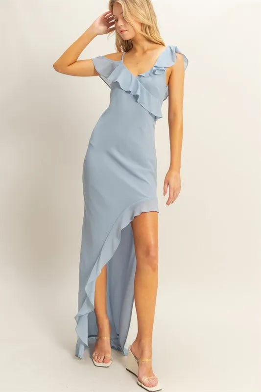 HYFVE Chiffon Ruffle Trim Midi Dress DUSTY BLUE OutfitFlow