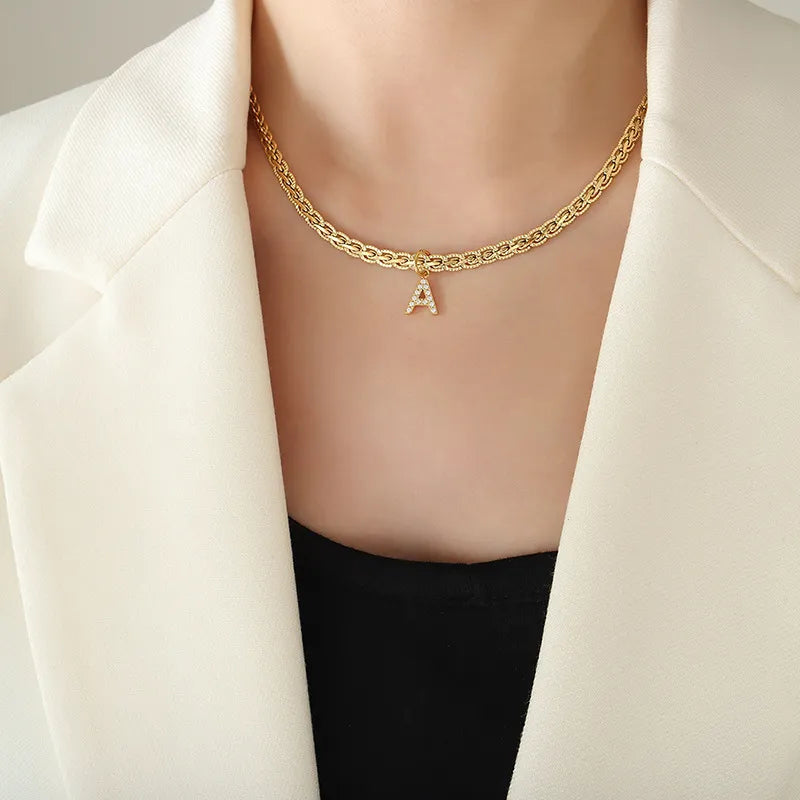 Brass Inlaid Zircon Letter Pendant Necklace Style A One Size OutfitFlow
