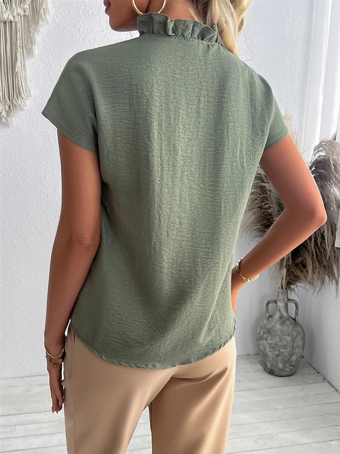 Ruffled V-Neck Short Sleeve Blouse OutfitFlow