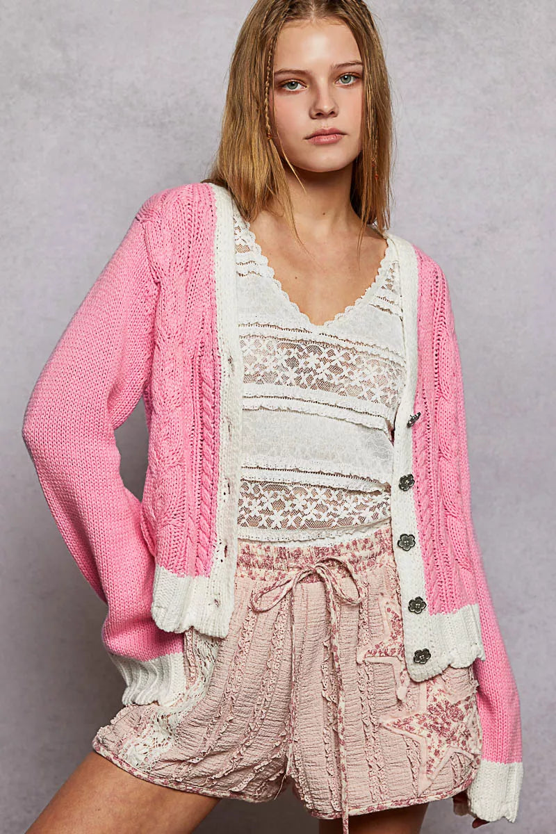 POL Button Down Cable-Knit Cardigan with Contrast Border Accents OutfitFlow