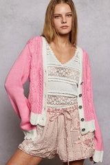 POL Button Down Cable-Knit Cardigan with Contrast Border Accents OutfitFlow