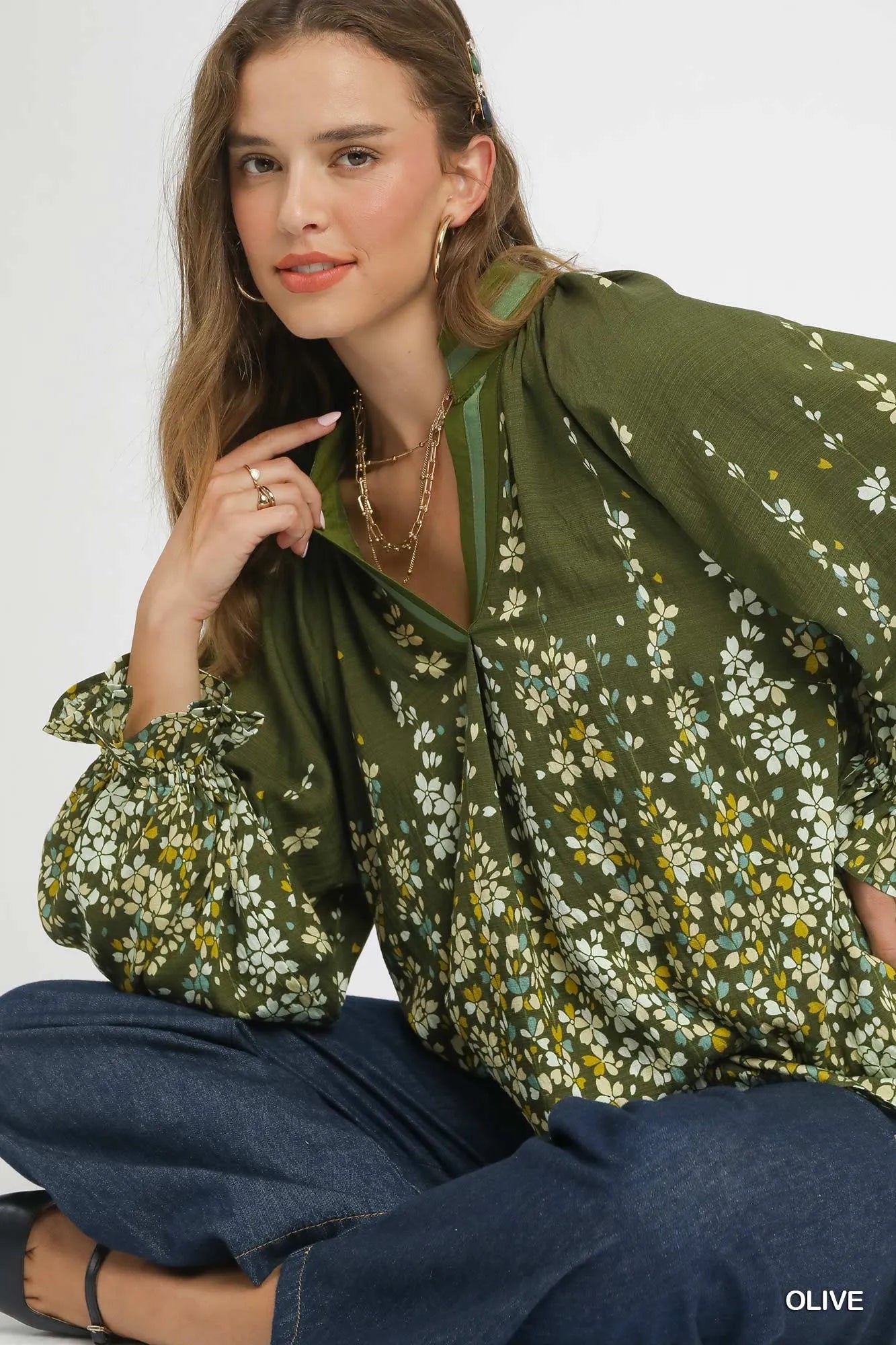 Umgee Floral Vine Print Blouse with Balloon Sleeves Trendsi