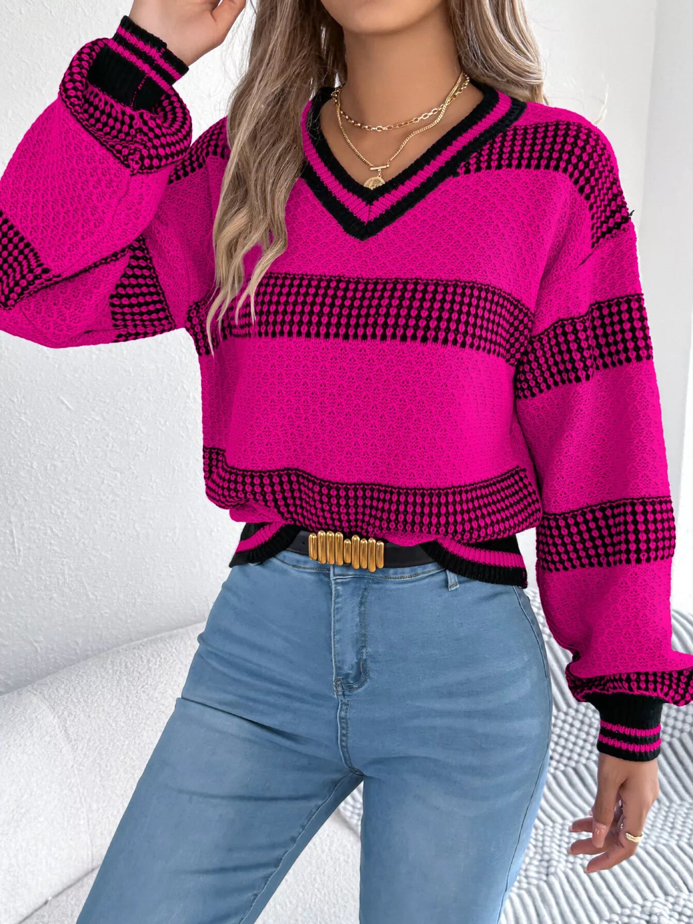 Contrast Striped V-Neck Sweater OutfitFlow