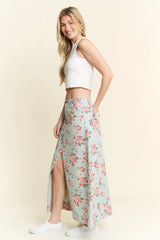 Jade By Jane Full Size Floral Print Front Slit Denim Maxi Skirt Plus Size OutfitFlow