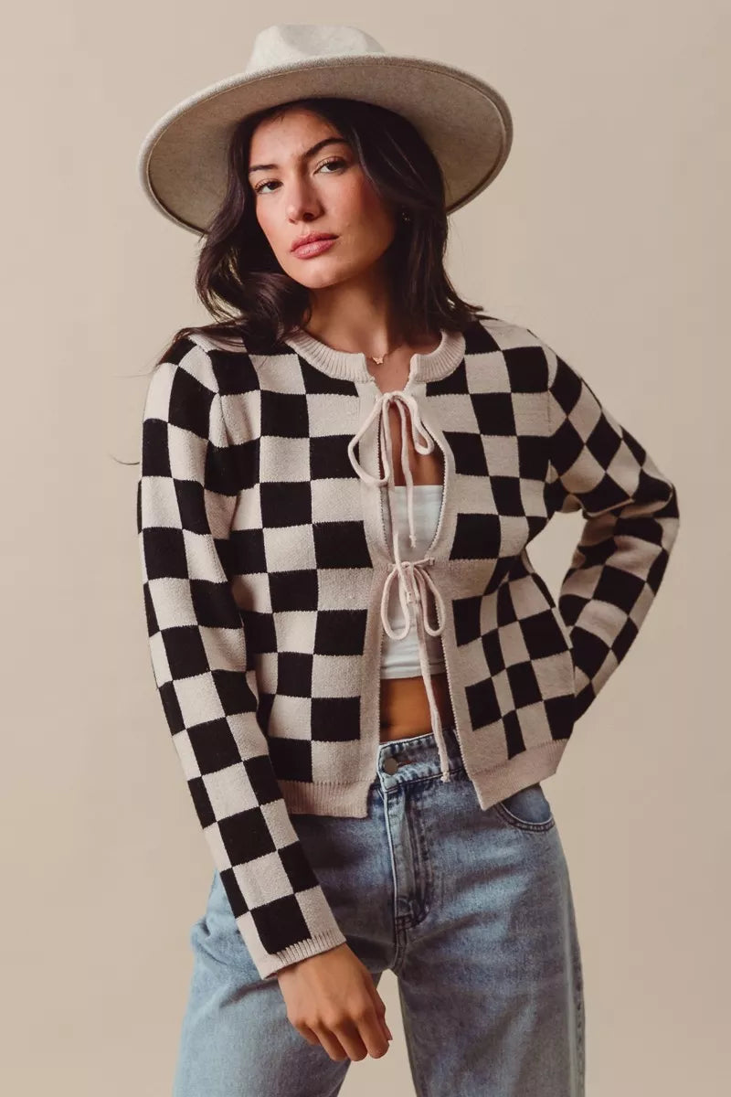SO ME Tie Front Checkered Knitted Round Neck Cardigan Trendsi