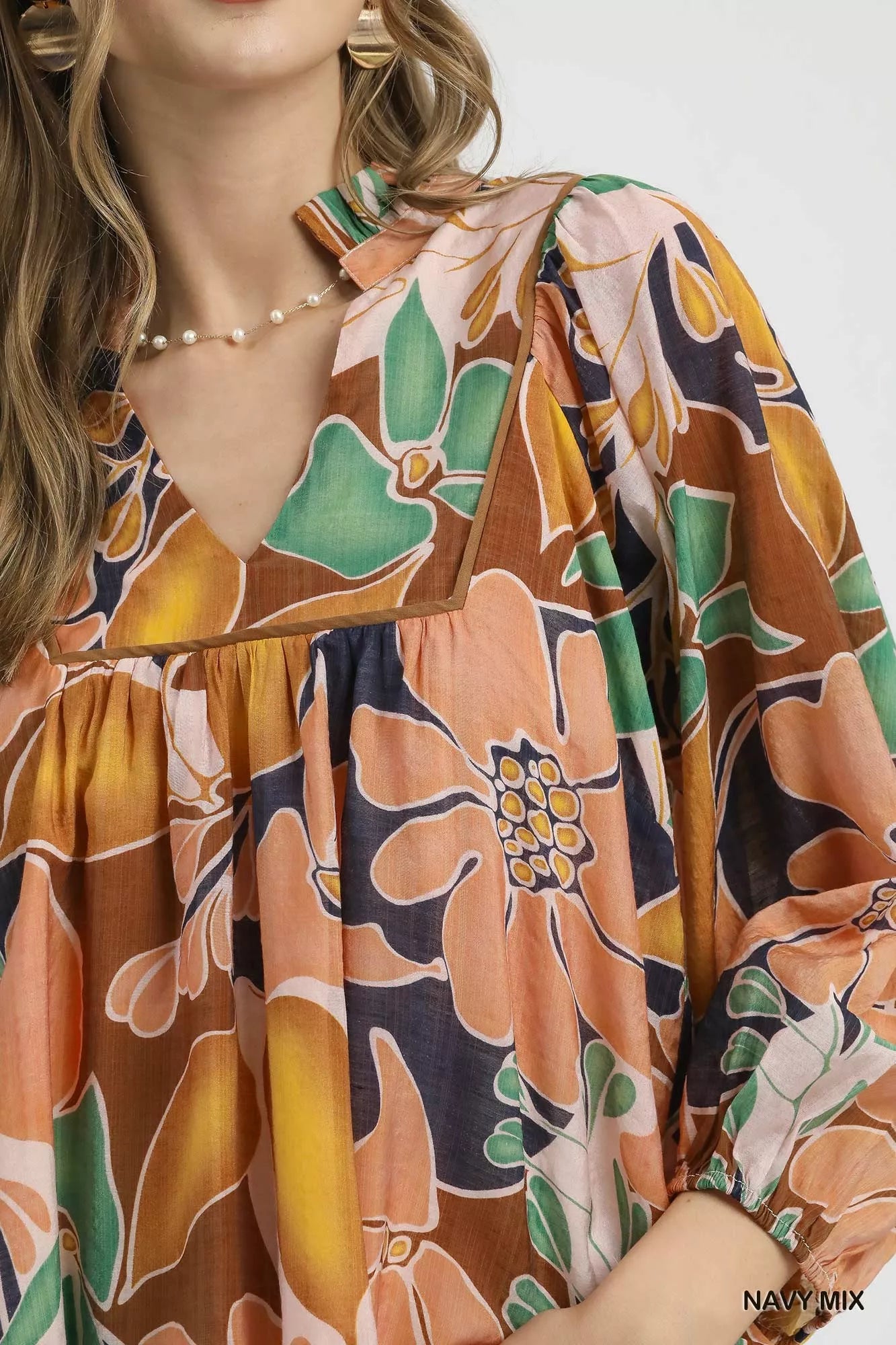 Umgee Multicolor Abstract Floral Print Blouse with Ruffle Neck OutfitFlow