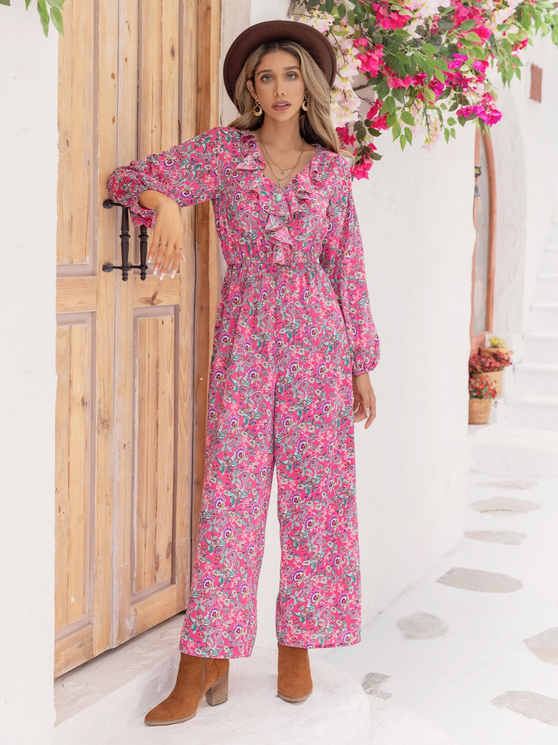 Outfit Flow - Printed Ruffled V-Neck Balloon Sleeve Jumpsuit