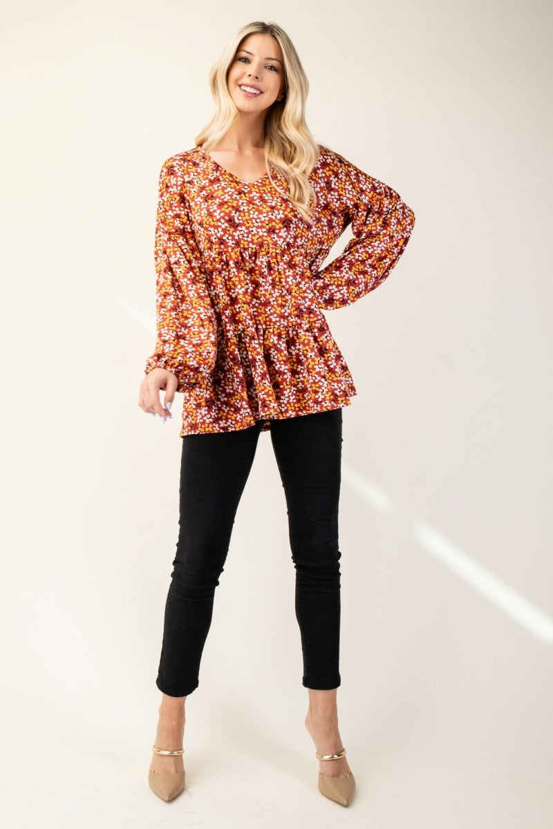 Outfit Flow - Celeste Full Size Floral V-Neck Balloon Sleeve Blouse