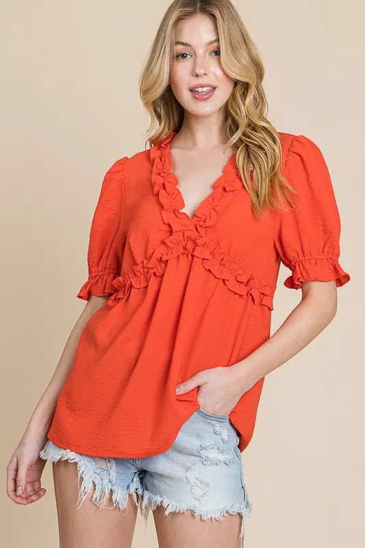Lime 'N' Chili Solid Ruffled Deep V-Neck Puff Sleeve Babydoll Top OutfitFlow