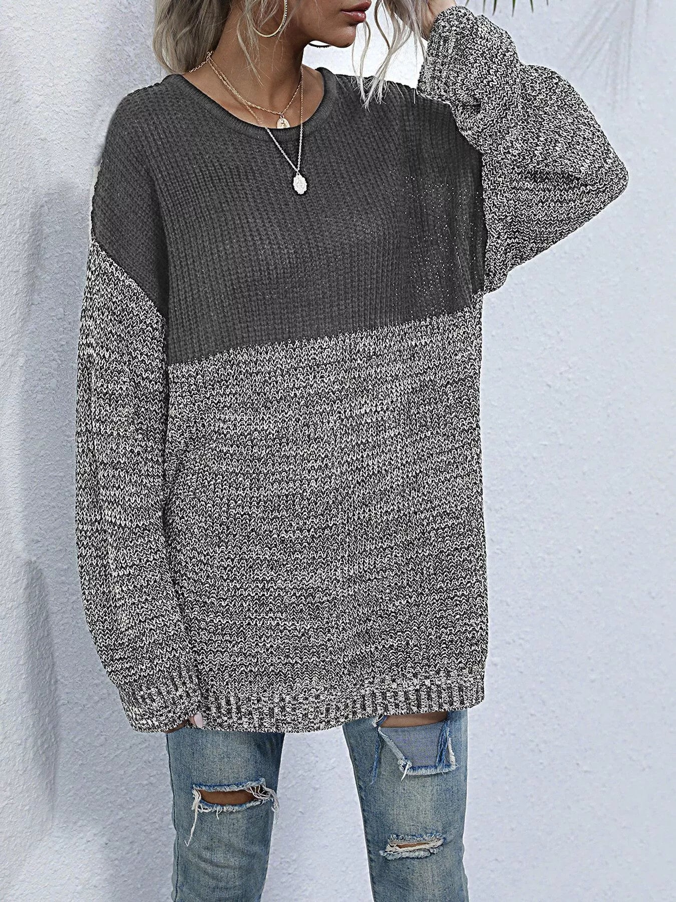 Color Block Long Sleeve Oversized Sweater OutfitFlow