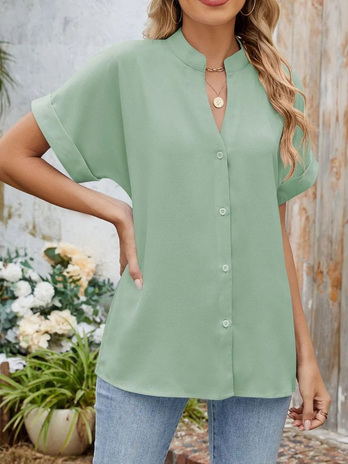 Notched Short Sleeve Blouse OutfitFlow