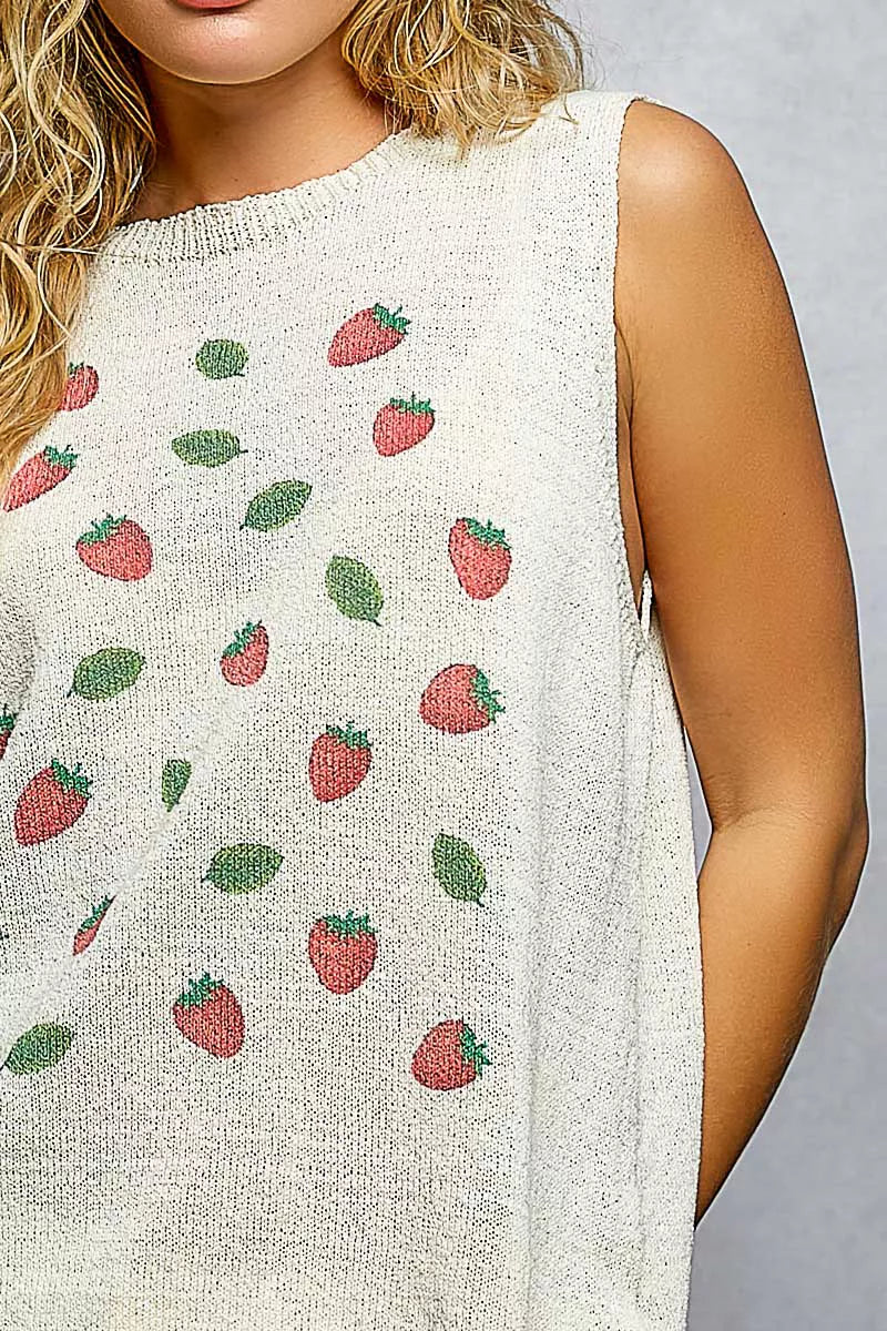 POL Strawberry Pattern Round Neck Sleeveless Sweater Top OutfitFlow