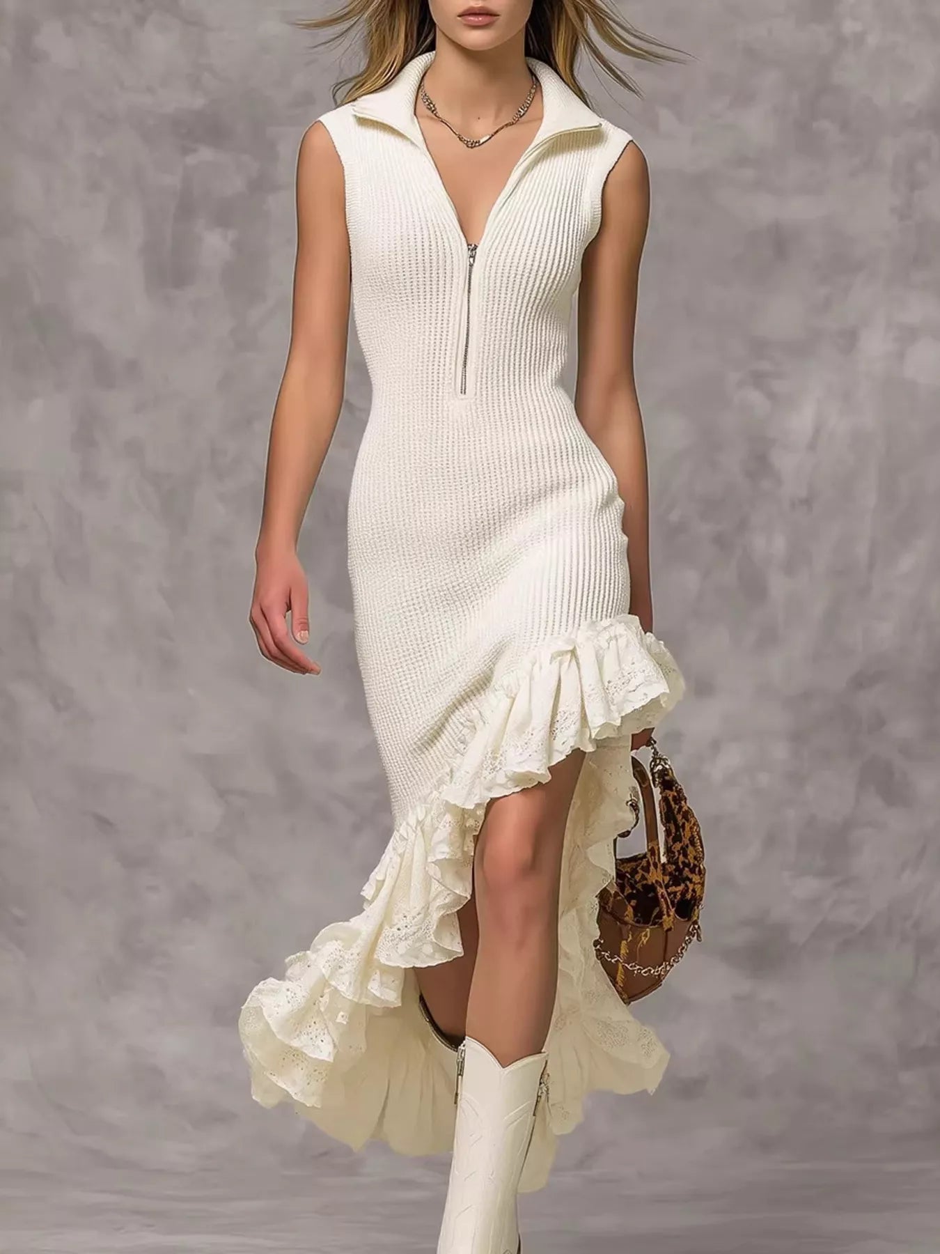 Asymmetrical Ruffle Hem Sleeveless Knit Dress Apricot Trendsi