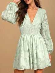 Smocked V-Neck Balloon Sleeve Dress Light Green OutfitFlow