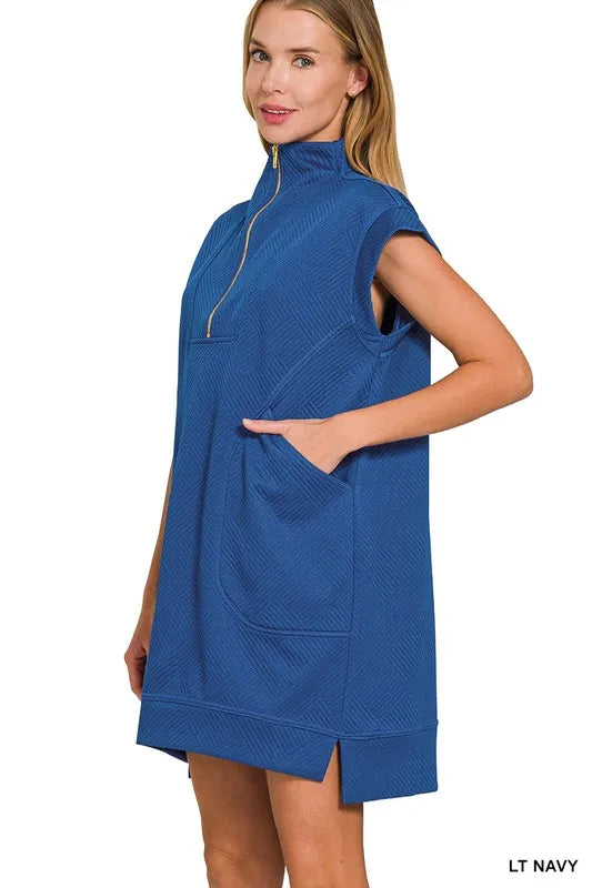 Zenana Textured Knit Jacquard Quarter Zipper Mini Dress OutfitFlow