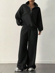 Half-Zip Long Sleeve Sweatshirt and Pants Set Black OutfitFlow