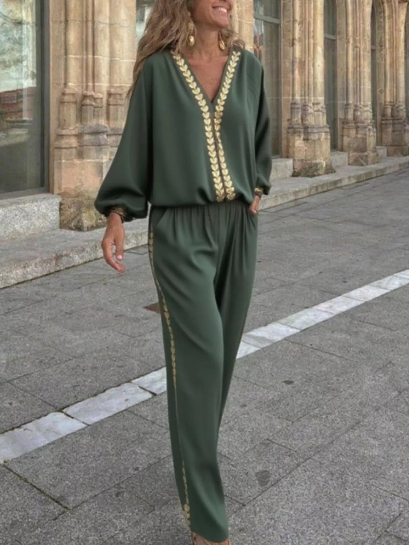 Full Size Contrast Trim V-Neck Top and Pants Set Plus Size OutfitFlow