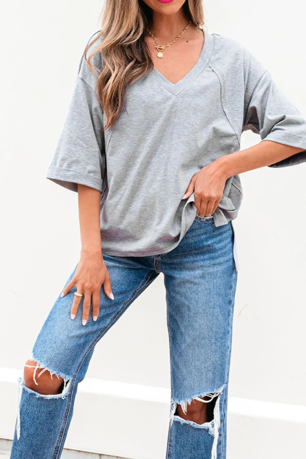 High Raglan Half Sleeve V Neck Oversized T Shirt OutfitFlow