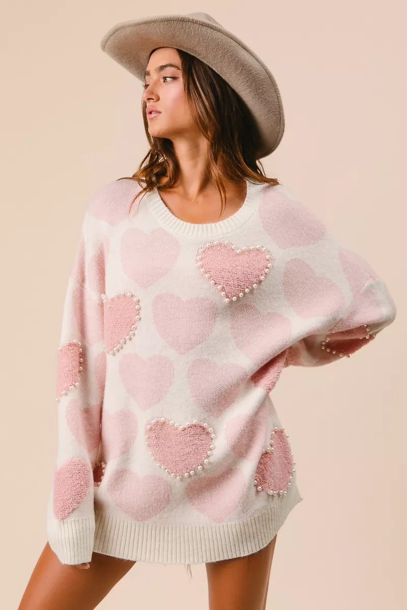 BiBi Heart Pattern Sweater with Pearl Detail OutfitFlow