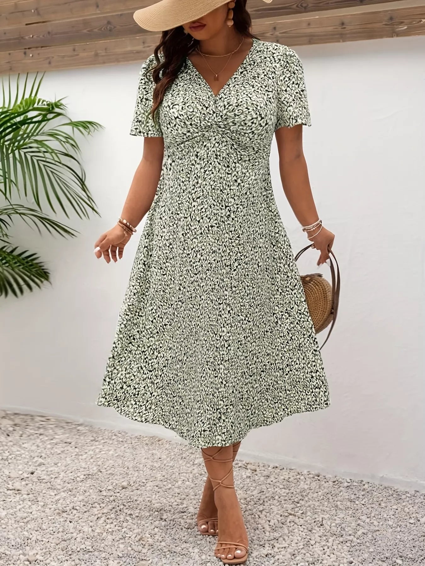 Plus Size Printed V-Neck Short Sleeve Midi Dress OutfitFlow