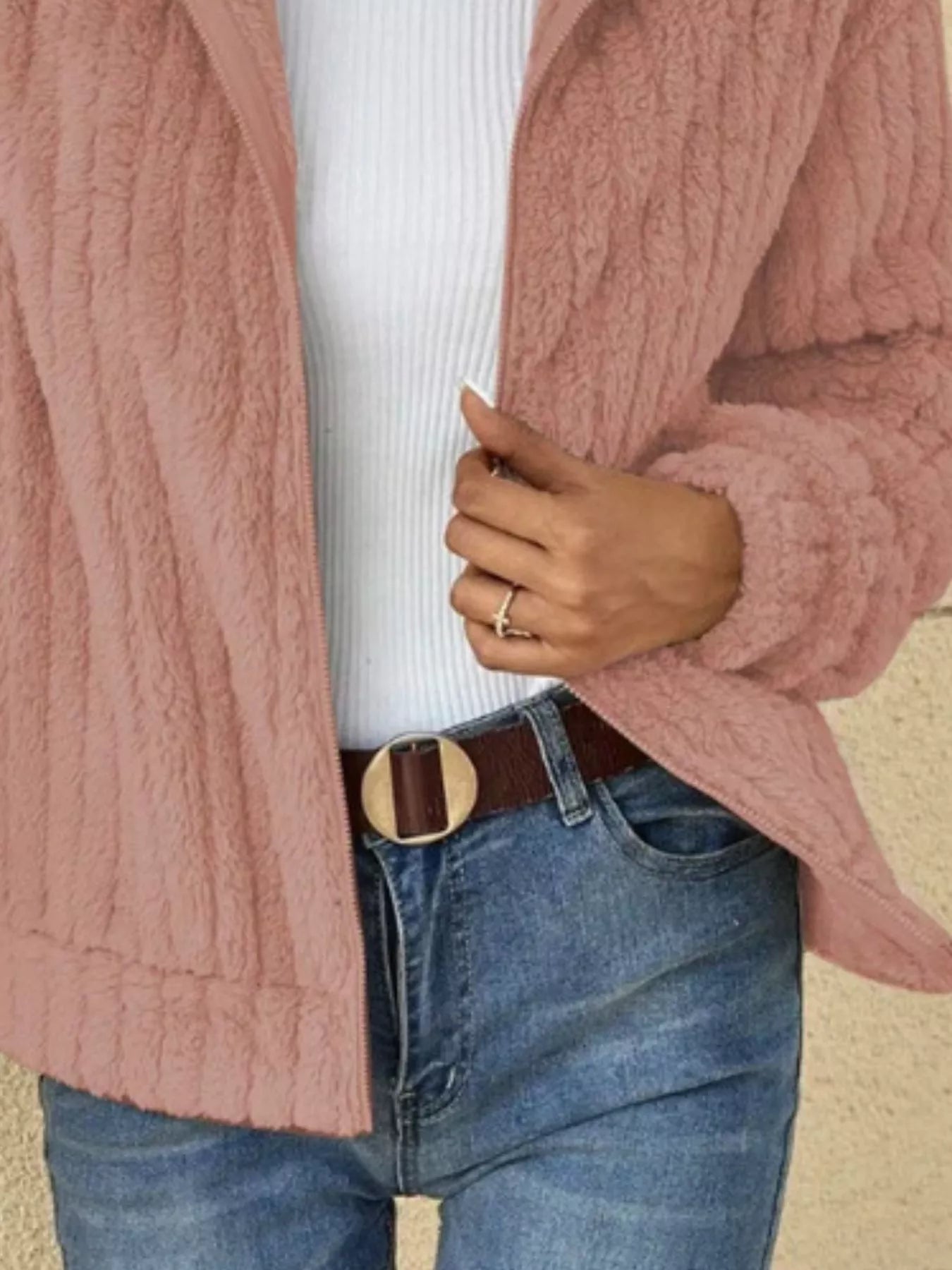 Full Size Zip-Up Long Sleeve Texture Jacket Plus Size OutfitFlow