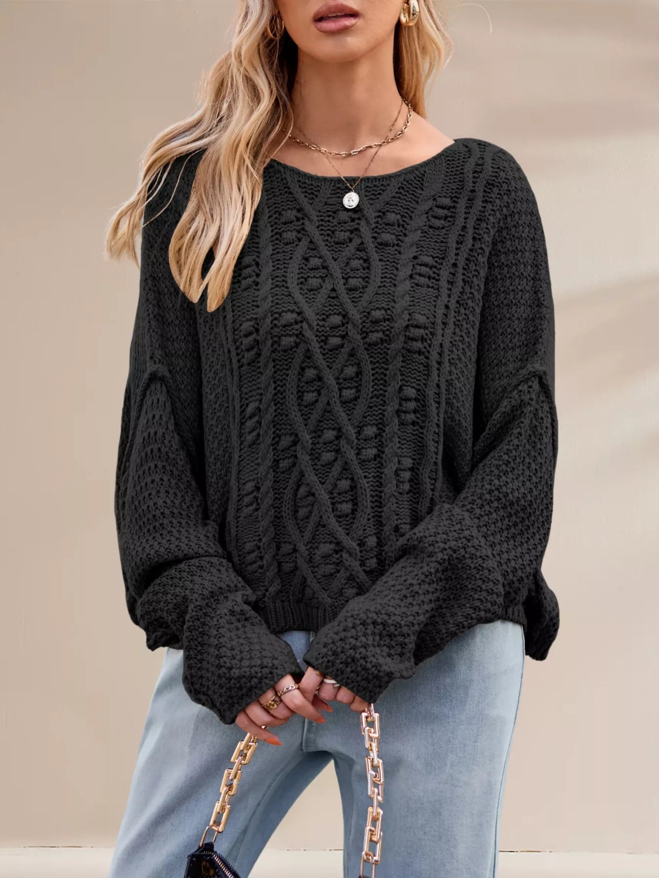 Textured Knit Round Neck Sweater OutfitFlow