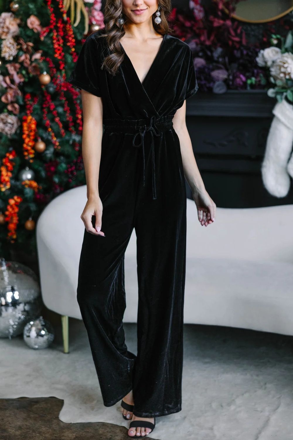 Outfit Flow - Drawstring Surplice Short Sleeve Jumpsuit