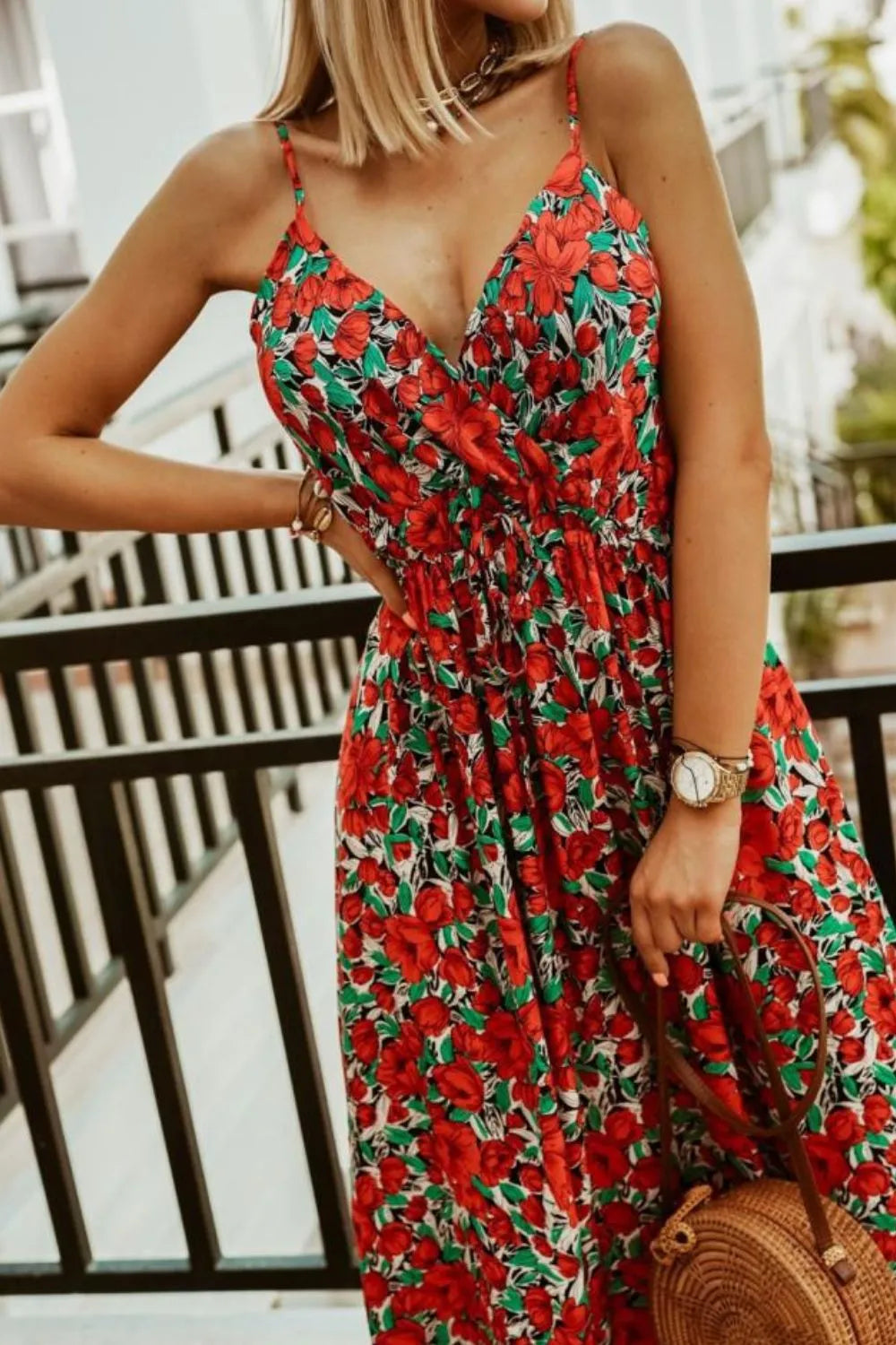 Printed Spaghetti Strap Maxi Dress Red Flower OutfitFlow