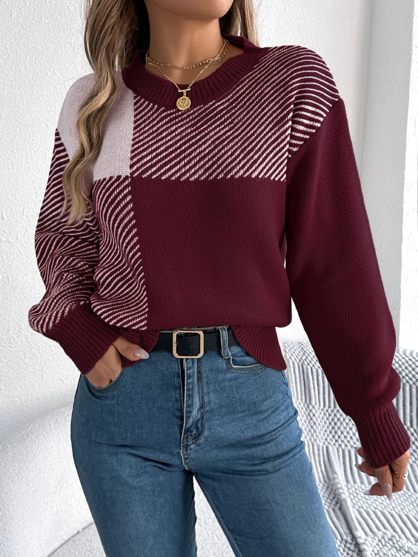 Color Block Striped Round Neck Sweater OutfitFlow