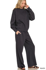 Zenana Fleece Long Sleeve Top and Sweatpants Set BLACK Trendsi