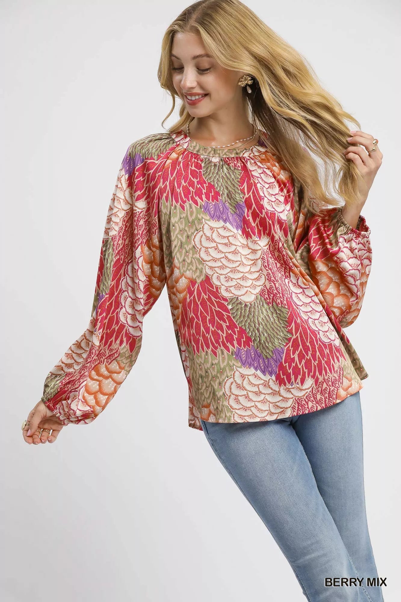 Umgee Boho Feather Print Peasant Blouse Trendsi