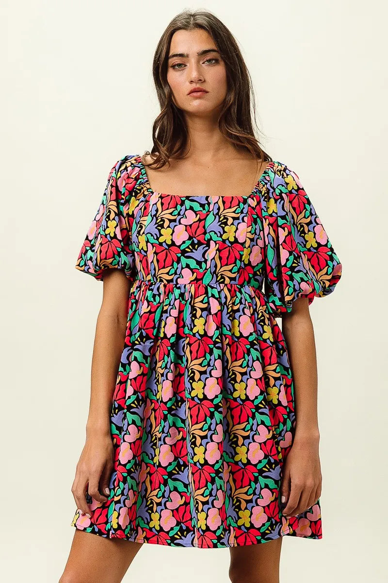 BiBi Floral Print Puff Square Neck Dress OutfitFlow