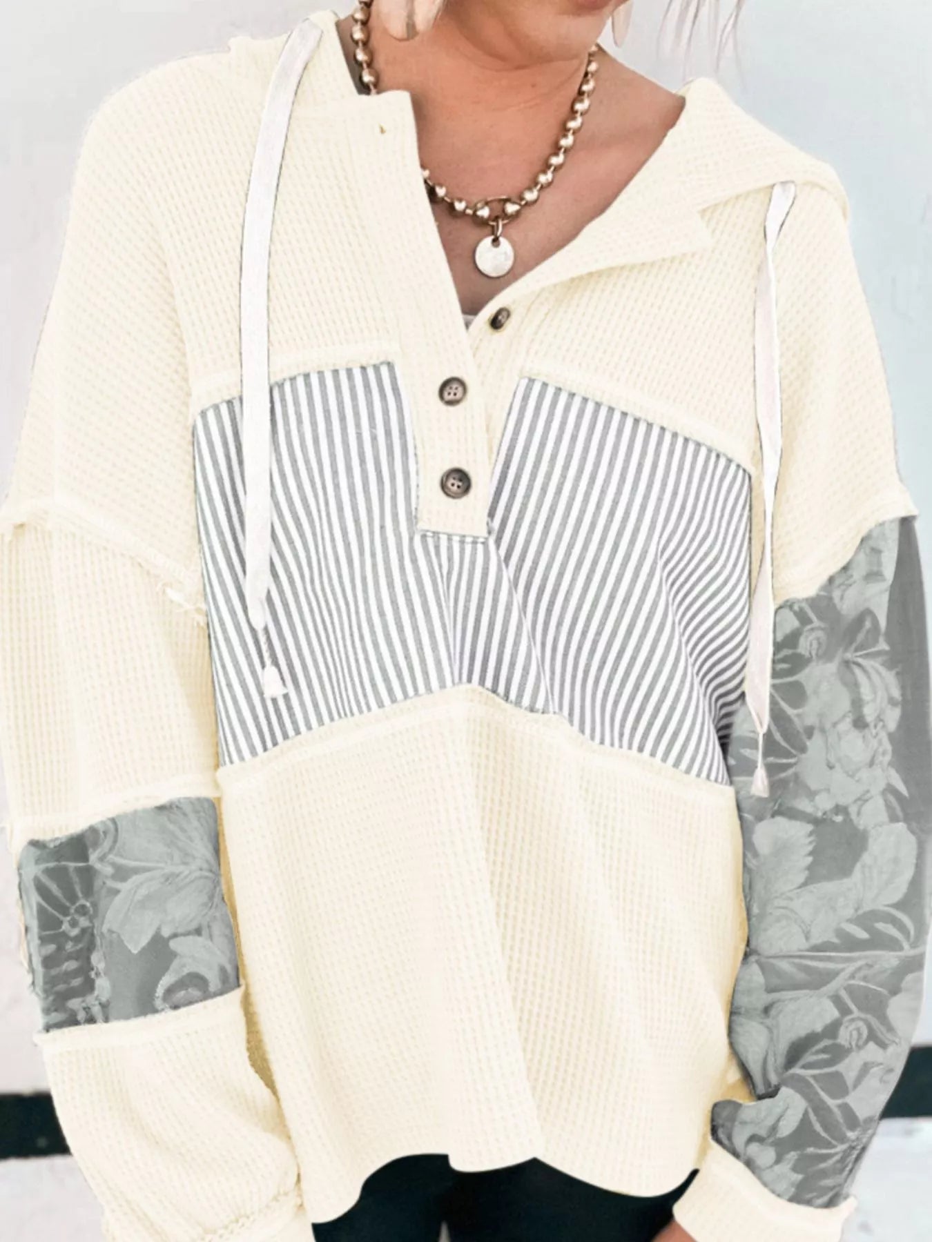 Waffle Knit Striped Drawstring Hoodie OutfitFlow