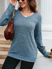 V-Neck Textured Knit Long Sleeve T-Shirt OutfitFlow