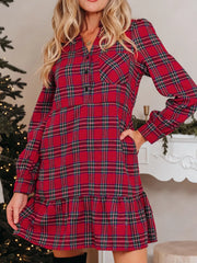 Plaid Shirt Collar Half Button Ruffle Hem Long Sleeve Mini Dress OutfitFlow