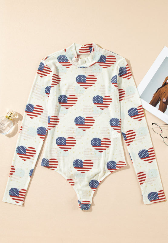 US Flag Heart Mock Neck Long Sleeve Bodysuit