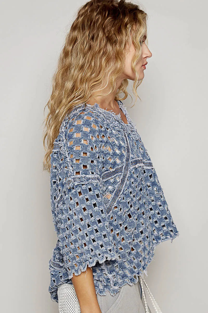 POL V-Neck Short Sleeve Top with Laser Cut Detail OutfitFlow