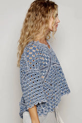 POL V-Neck Short Sleeve Top with Laser Cut Detail OutfitFlow
