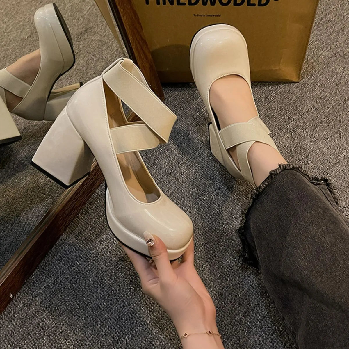 Square Toe Block Heels Pumps Beige OutfitFlow