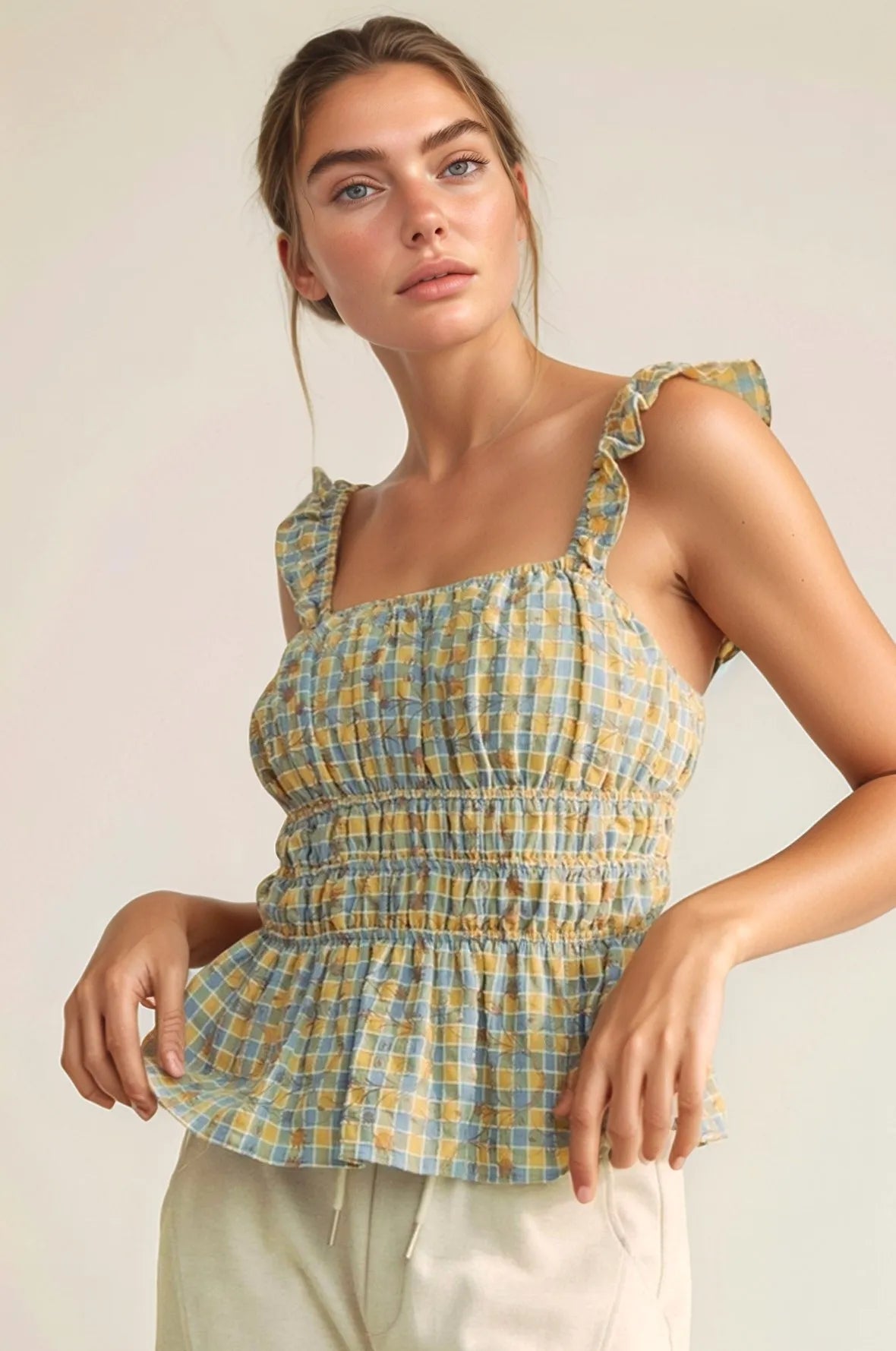 Davi & Dani Plaid Ruffled Strap Smocked Sleeveless Top OutfitFlow
