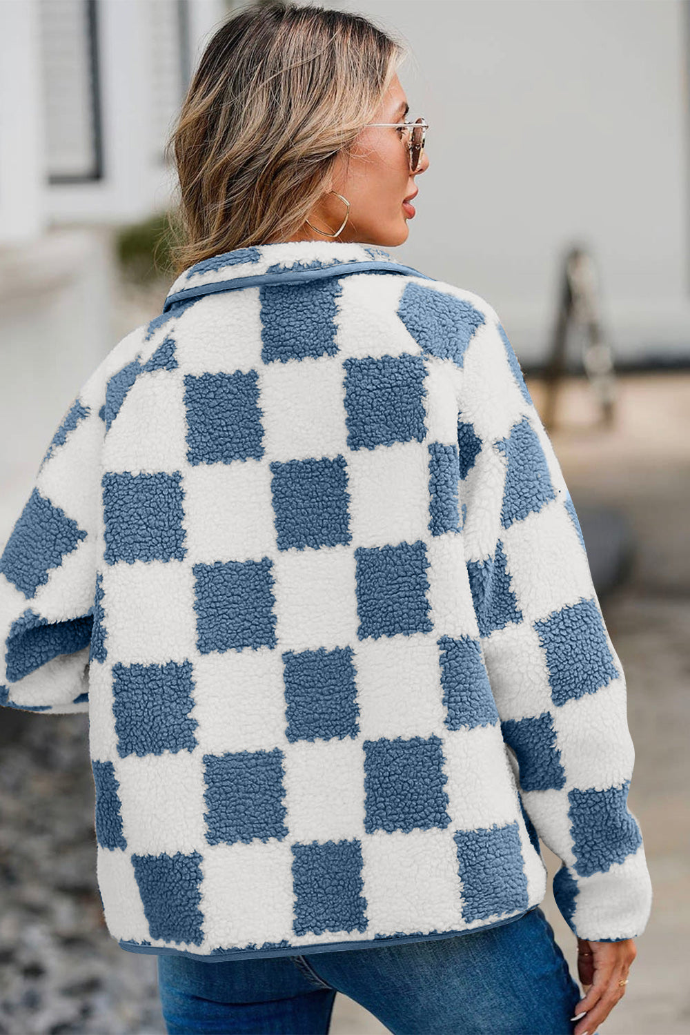 Outfit Flow - Checkered Snap Down Long Sleeve Teddy Jacket