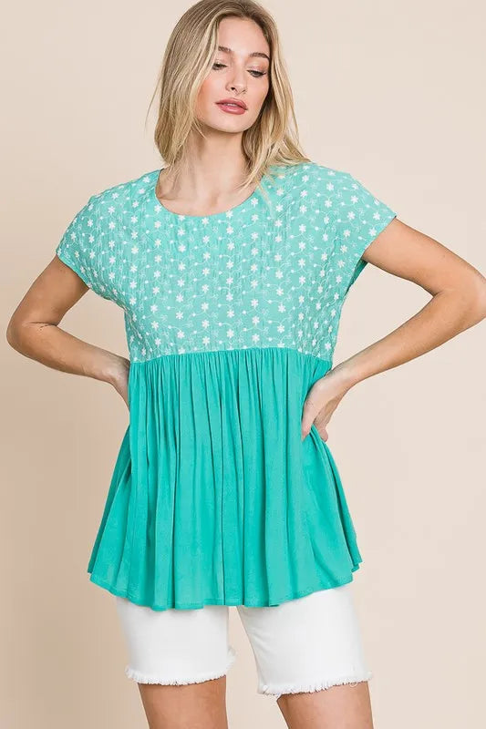 Lime 'N' Chili Full Size Embroidered Short Sleeve Pleated Babydoll Top Plus Size OutfitFlow